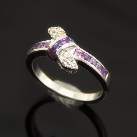 Genuine Sapphire and Diamond Love Knot Ring in 925 Sterling Silver - Picture 2 of 6